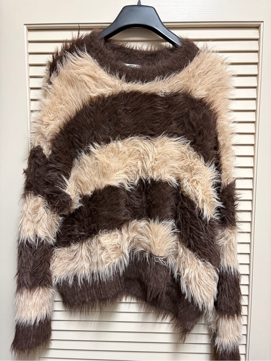 Topshop Sweaters - Topshop Womens M Shaggy Fuzzy Sweater Brown Cream Stripe Fluffy Y2K Oversized